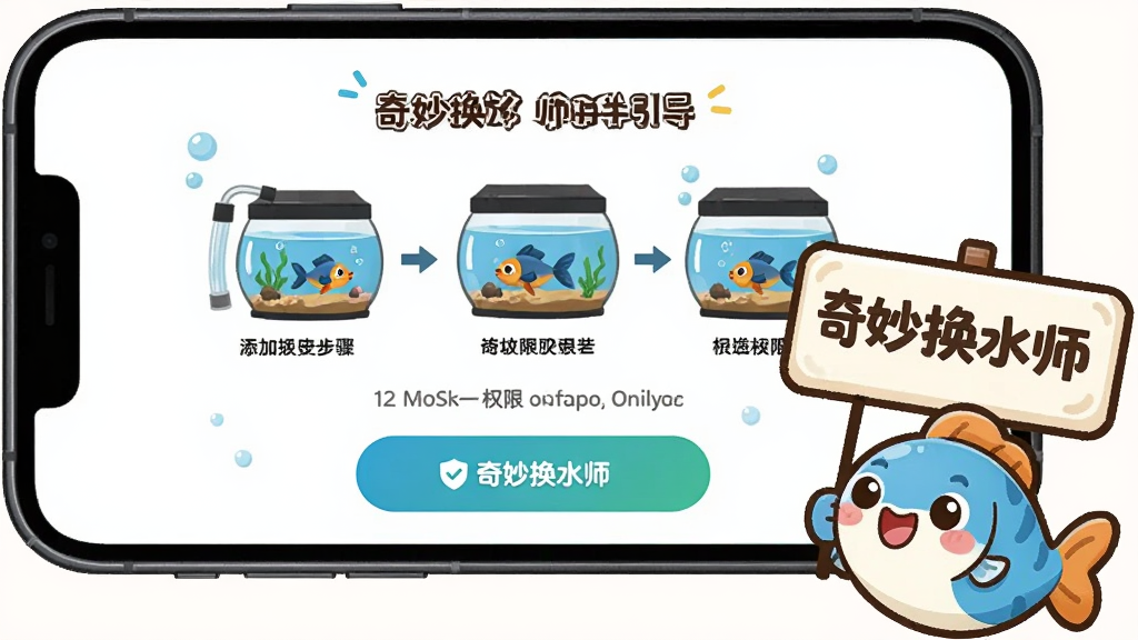 手机屏幕显示奇妙换水师的新手引导页面,页面上有鱼缸添加步骤图示和权限开启提示,手机旁边有一个卡通小鱼拿着提示牌,布局手机居中、小鱼在右下角,排版活泼,风格为可爱卡通插画风,细节上提示牌写有