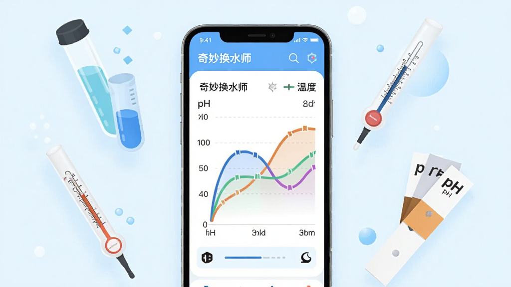 手机屏幕展示水质参数折线图表,图表上有pH值和温度两条彩色曲线,手机旁边漂浮着试管、温度计和pH试纸等水族检测工具,布局为手机居中、工具环绕,排版层次分明,风格为现代数据可视化插画风,细节上图表带