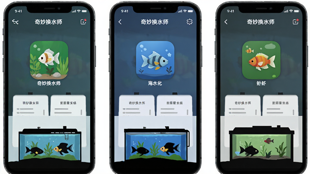 画面展示三部手机并排排列,每部手机屏幕分别显示不同鱼缸的管理界面,有草缸、海水缸和虾缸的图标区分,手机下方有鱼缸实物剪影,布局横向均分,排版整齐,风格为简约商务插画风,细节上每部手机屏幕都带有