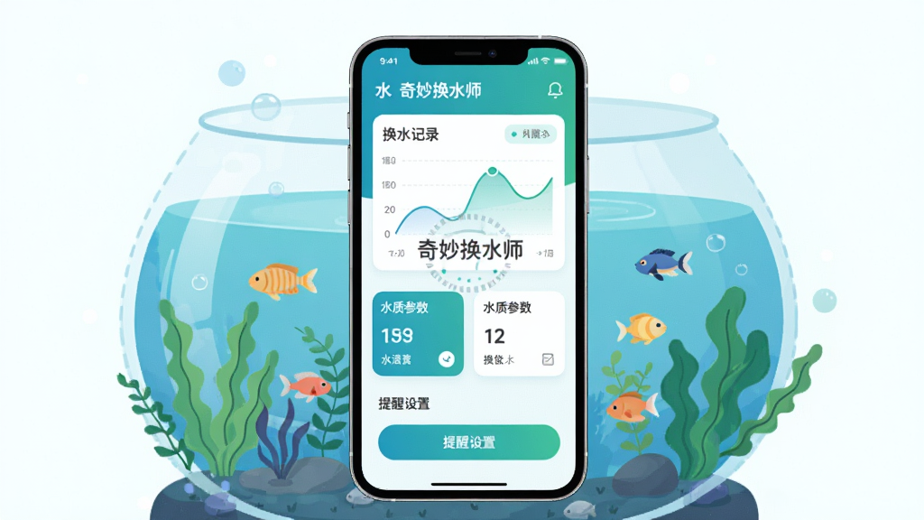 整体画面展现一款手机应用界面,主体是一台竖屏手机,屏幕内显示水族箱水质管理面板,包含换水记录曲线图、水质参数卡片和提醒设置按钮,手机周围环绕清澈的鱼缸、水草和小鱼元素,布局居中,排版简洁,风格为扁平化科技插画风,细节上手机屏幕带有