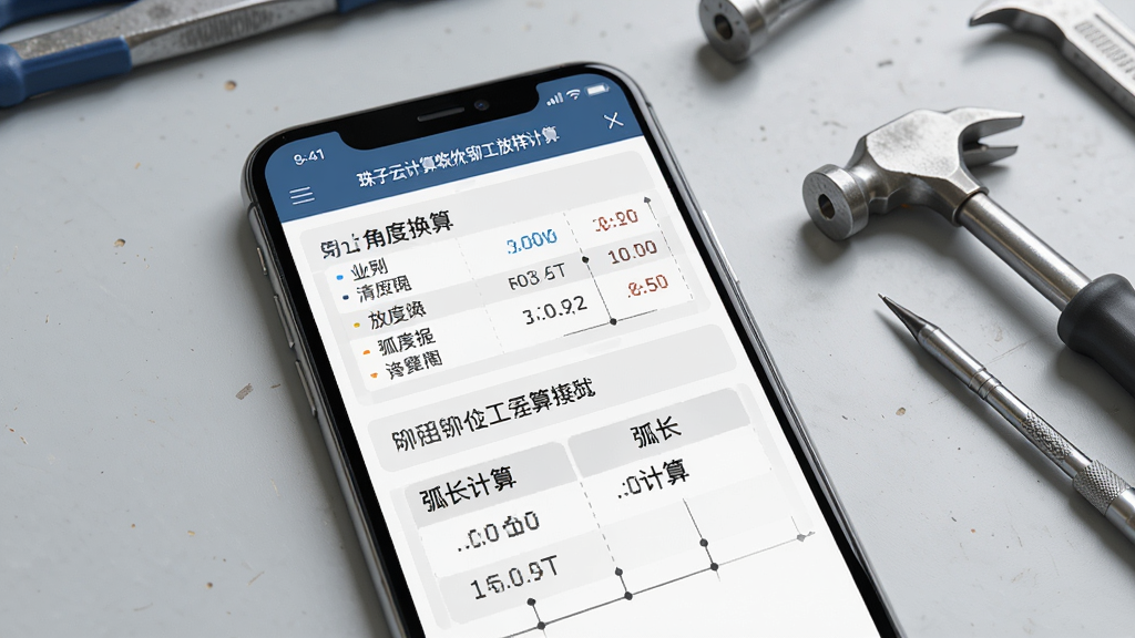 珠子云计算软件铆工放样计算界面截图,画面主体为手机屏幕,屏幕上展示角度换算和弧长计算功能,背景为浅灰色工作台面,旁边放置着铆工工具,排版清晰,风格为写实产品展示风格,细节上突出屏幕内容的可读性,画质高清,画面干净,无多余元素