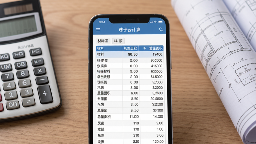 珠子云计算软件材料统计功能界面截图,画面主体为手机屏幕,屏幕上展示材料清单表格和总重量面积数据,背景为木色桌面,旁边放着计算器和图纸,排版整齐,风格为写实办公风格,细节上突出数据表格的清晰度,画质高清,画面干净,无多余元素