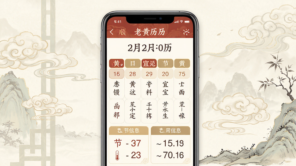 顺宜老黄历助手应用主界面预览图,画面中央展示手机屏幕,屏幕内呈现黄历日历界面,包含农历日期、宜忌事项、节气信息,背景为淡雅中国风纹理,布局居中对称,风格简洁传统,细节清晰,画质干净,无多余元素