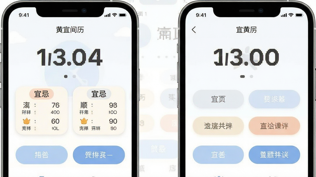 顺宜老黄历助手简洁操作界面图,画面展示手机应用首页,大字体显示日期与宜忌,按钮布局宽松,风格清爽易读,细节柔和,画质干净,无多余元素
