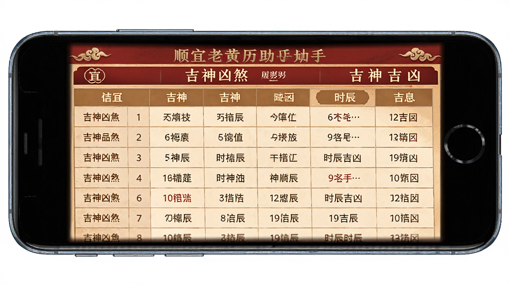 顺宜老黄历助手吉神凶煞信息页面图,主体为手机屏幕,屏幕内表格化展示吉神凶煞与时辰吉凶,排版整齐,风格传统稳重,细节清晰,画质干净,无多余元素