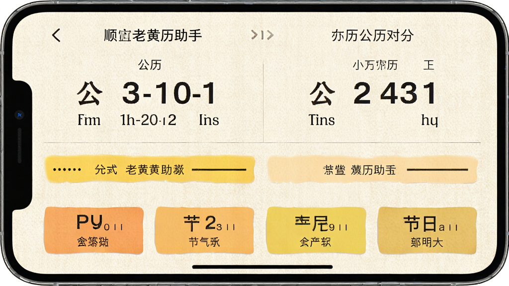顺宜老黄历助手农历公历对照界面图,画面展示手机日历页面,上下分栏显示公历与农历日期,节气与节日高亮标注,背景为浅色纸张质感,风格素雅,画质清晰,无多余元素
