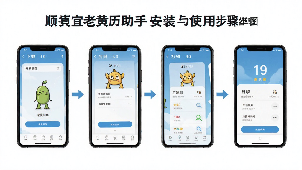 顺宜老黄历助手安装与使用步骤示意图,画面展示手机屏幕从下载到打开的流程,分步骤排列,风格简洁直观,细节清晰,画质干净,无多余元素