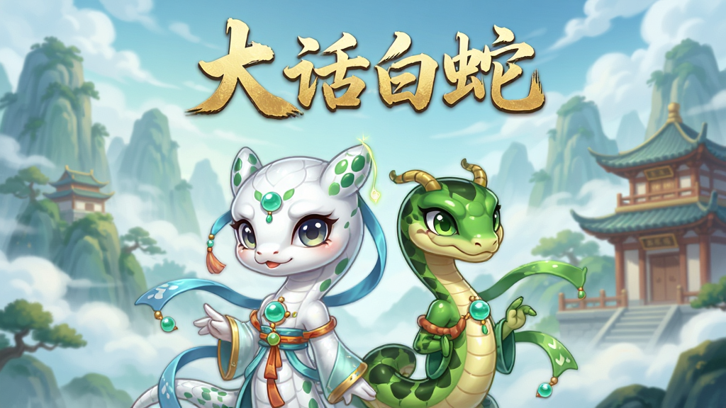 一幅国风仙侠主题的竖版游戏宣传图,主体为“大话白蛇”游戏中的Q版白蛇与青蛇角色并肩站立,背景是云雾缭绕的青山与古典楼阁,画面布局采用中心对称构图,上方留白处用金色毛笔字体书写“大话白蛇”,整体风格为清新明快的国风Q版,细节上角色服饰带有飘带与灵珠装饰,画质高清,画面干净,无多余元素