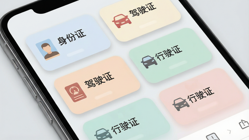 一张电子手机证件帮证件分类管理界面的示意图,画面主体为手机屏幕特写,屏幕中展示多个证件卡片整齐排列,卡片上标注“身份证”“驾驶证”“行驶证”等字样,卡片采用圆角设计,配色柔和,背景为浅灰色,整体风格简约现代,细节上卡片阴影自然、文字排版规整,画质清晰,画面干净,无多余元素
