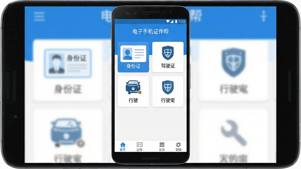 一张展示电子手机证件帮软件界面的手机样机图,画面中央是一部竖屏安卓手机,屏幕内呈现电子手机证件帮应用主界面,界面顶部显示软件名称“电子手机证件帮”,中部为卡片式证件分类列表,包含身份证、驾驶证、行驶证等常见证件图标,底部为功能导航栏,整体布局清晰整洁,采用蓝白配色风格,细节上图标线条简洁、文字清晰可辨,画质高清,画面干净,无多余元素
