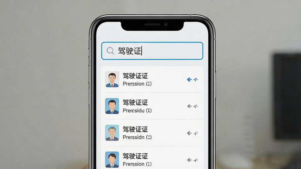 一张电子手机证件帮检索功能操作界面的示意图,画面为手机屏幕正面视图,屏幕顶部为搜索框,搜索框内显示关键词“驾驶证”,下方列表实时筛选出对应证件条目,界面采用浅色背景,搜索框带有蓝色描边,整体排版简洁,细节上文字清晰、图标精致,画质高清,画面干净,无多余元素