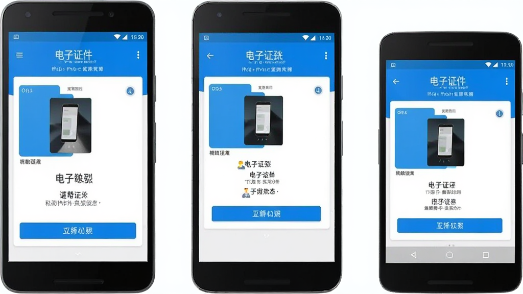 一张电子手机证件帮在多种安卓设备上运行的展示图,画面中并排摆放三台不同尺寸的手机,屏幕内均显示电子手机证件帮应用界面,界面元素随屏幕尺寸自适应调整,背景为纯白色,整体风格统一,细节上每台手机边框清晰、屏幕内容完整,画质高清,画面干净,无多余元素