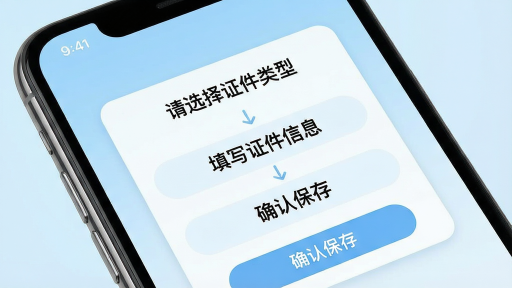 一张电子手机证件帮新手操作引导界面的示意图,画面为手机屏幕特写,屏幕内展示分步引导提示框,提示框内文字为“请选择证件类型”“填写证件信息”“确认保存”等步骤说明,背景为浅蓝色渐变,整体风格友好清晰,细节上按钮带有圆角、文字排版整齐,画质高清,画面干净,无多余元素