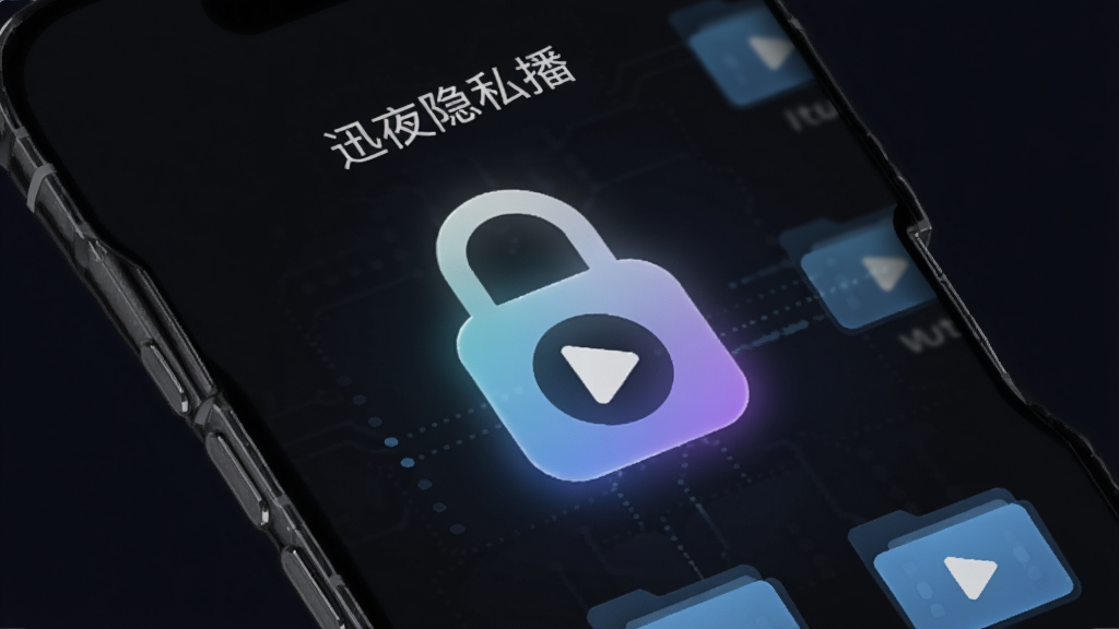 一个深色背景的智能手机界面,屏幕中央有一个发光的锁形图标,锁内部显示视频播放符号,周围有
