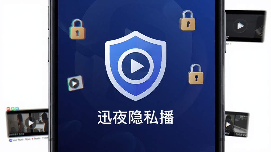 手机屏幕中央显示一个带有盾牌与播放键组合图标的应用程序界面,背景为深蓝色渐变,图标下方有