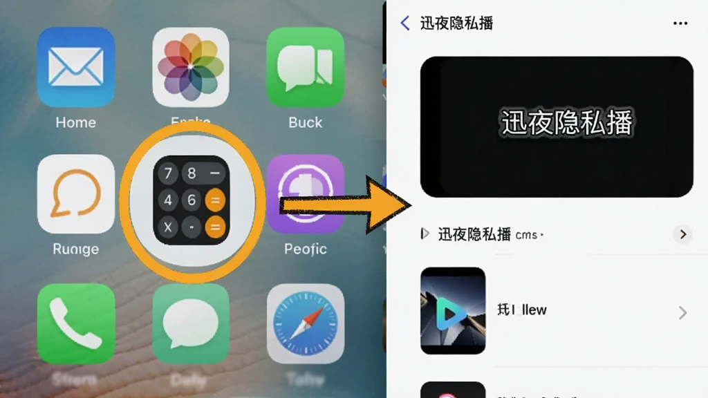 手机桌面显示多个普通应用图标,其中计算器图标被高亮圈出,旁边有一个箭头指向展开后的隐藏视频列表界面,界面中有
