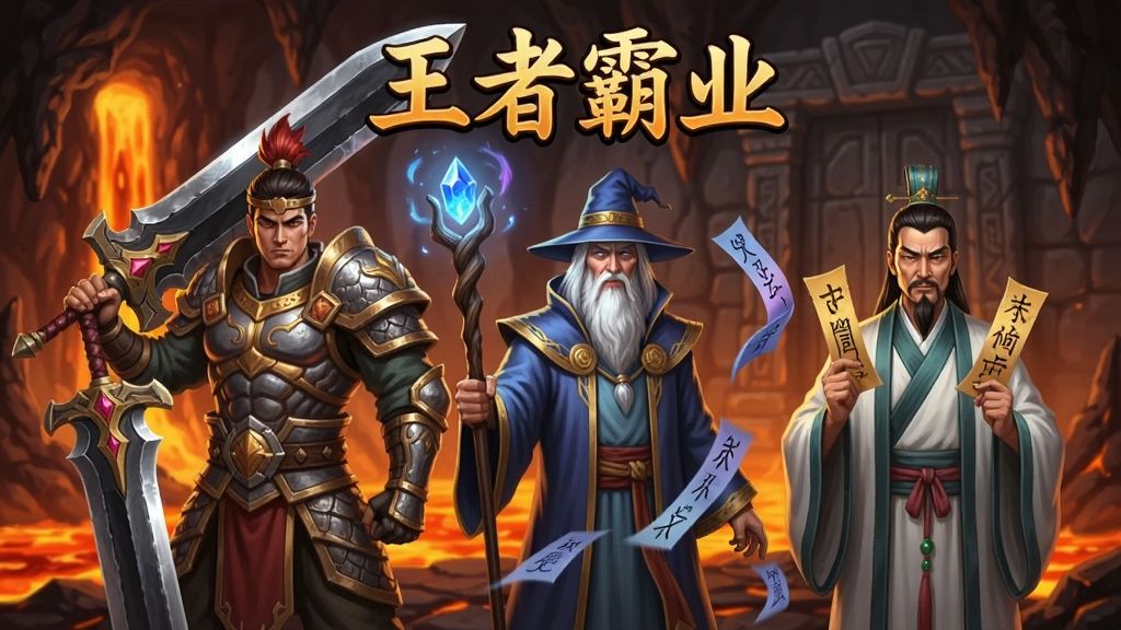 画面中左侧站立手持巨剑的战士、中间是手持法杖的法师、右侧是手持道符的道士,三人在“王者霸业”字样下方并排站立,背景为熔岩洞穴与古老石门,布局为横向三人并列,风格为韩系传奇原画,细节包括铠甲纹理、魔法光效、道符飘动,画质高清,干净,无多余元素