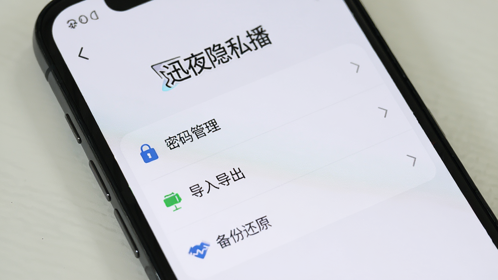 手机屏幕显示迅夜隐私播的设置界面,有密码管理、导入导出、备份还原等选项,界面中有