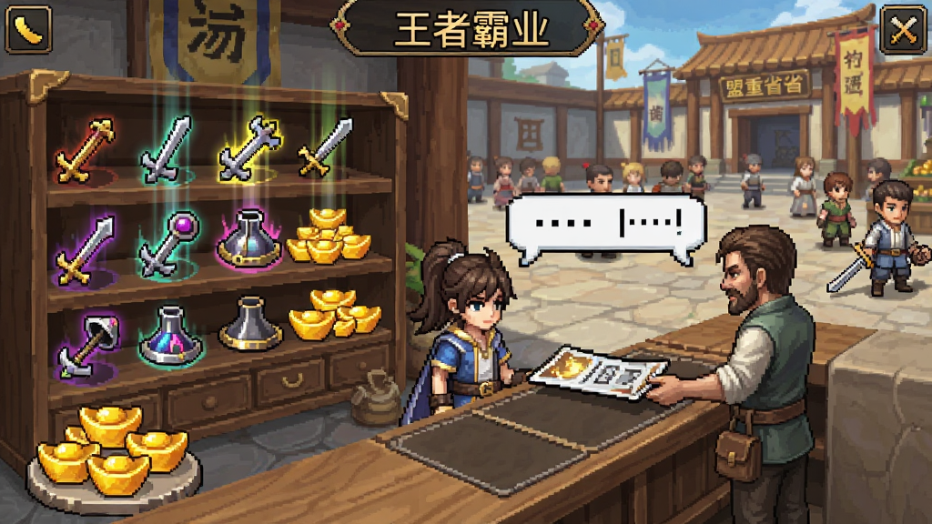 画面展示“王者霸业”游戏内的交易行界面,货架上摆满各种发光装备与元宝堆,一位玩家角色正在与NPC商人交易,背景为热闹的盟重省安全区,布局为前景交易柜台与后景人群,风格为像素复古与写实融合,细节包括金币堆叠、装备光柱、讨价还价气泡,画质高清,干净,无多余元素
