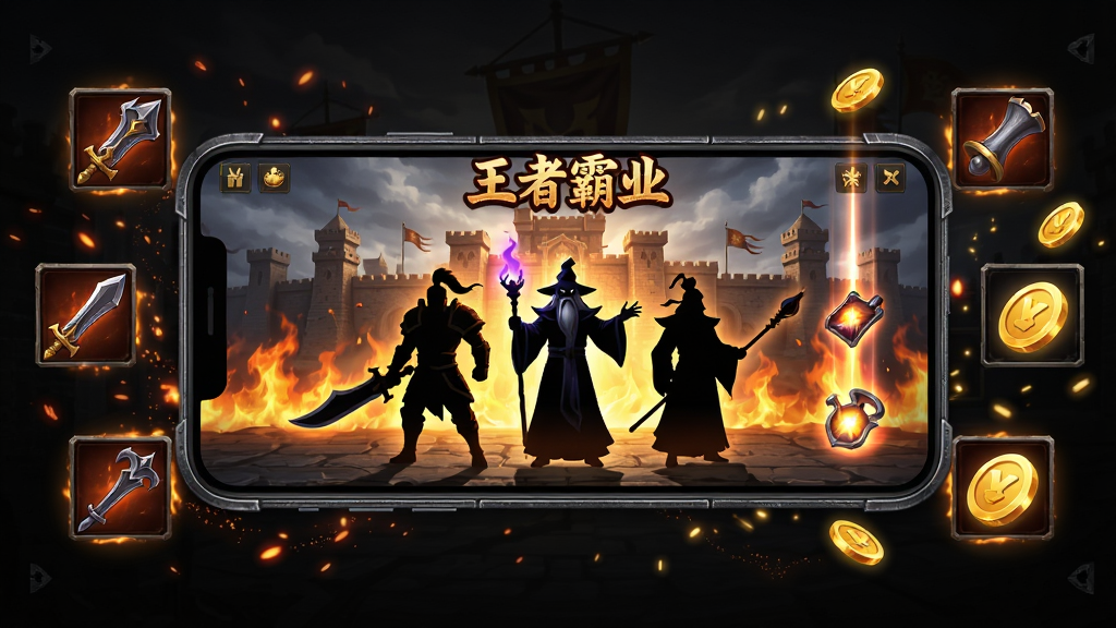 画面中央展示一部智能手机,手机屏幕上显示“王者霸业”游戏主界面,界面中有战士、法师、道士三个角色剪影,背景是沙巴克城池与烈焰特效,手机周围环绕装备图标与金币光效,布局采用中心对称构图,风格为暗黑魔幻写实,细节包括金属质感边框、火焰粒子、装备掉落光柱,画质高清,干净,无多余元素