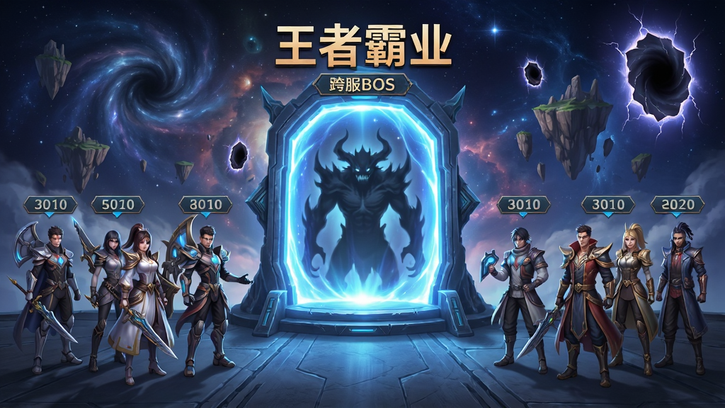 画面中央为“王者霸业”跨服BOSS地图入口,传送门散发蓝色光芒,门两侧站列不同服务器的玩家角色,背景为虚空星域与漂浮岛屿,布局为对称式构图,风格为奇幻科幻混搭,细节包括服务器编号铭牌、BOSS虚影、时空裂缝,画质高清,干净,无多余元素