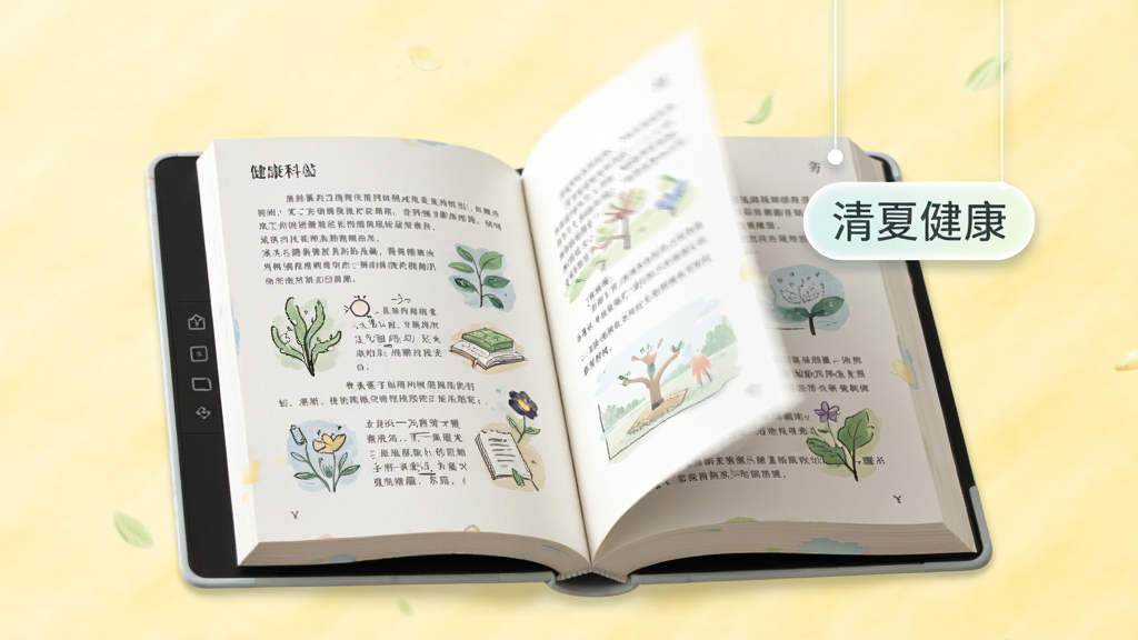 画面主体为一本翻开的电子书,书页上显示健康科普图文,书页旁漂浮“清夏健康”文字标签,背景为浅黄色,布局采用居中构图,风格柔和阅读风,细节上书本有轻微翻页动态感,画质高清,干净,无多余元素