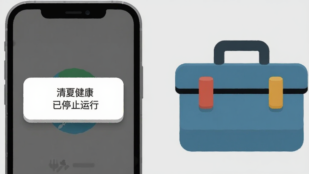 画面展示一部手机屏幕出现错误提示弹窗,弹窗内容为“清夏健康 已停止运行”,手机旁边放置一个工具箱图标,背景为浅灰色,布局以手机与工具箱左右呼应,风格扁平化说明图,细节上弹窗有轻微立体感,画质高清,干净,无多余元素