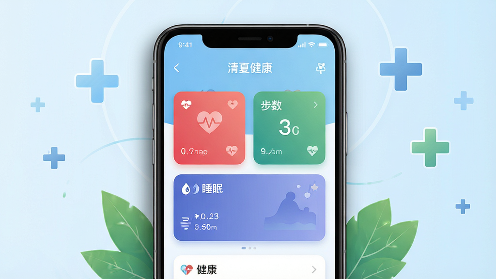 画面中央放置一部智能手机,屏幕显示“清夏健康”应用主界面,界面中包含心率、步数、睡眠等健康数据卡片,背景为淡蓝色渐变,周围环绕简约的医疗十字图标与绿叶元素,整体布局干净整洁,风格清新现代,细节上手机边缘有轻微阴影,画质高清,干净,无多余元素