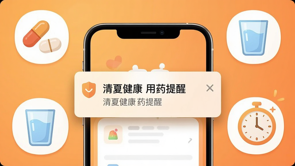 画面中心为一部手机弹出提醒通知,通知内容显示“清夏健康 用药提醒”,手机周围环绕药丸、水杯、时钟等图标,背景为暖橙色渐变,布局以手机为视觉焦点,风格温馨友好,细节上通知卡片有轻微投影,画质高清,干净,无多余元素