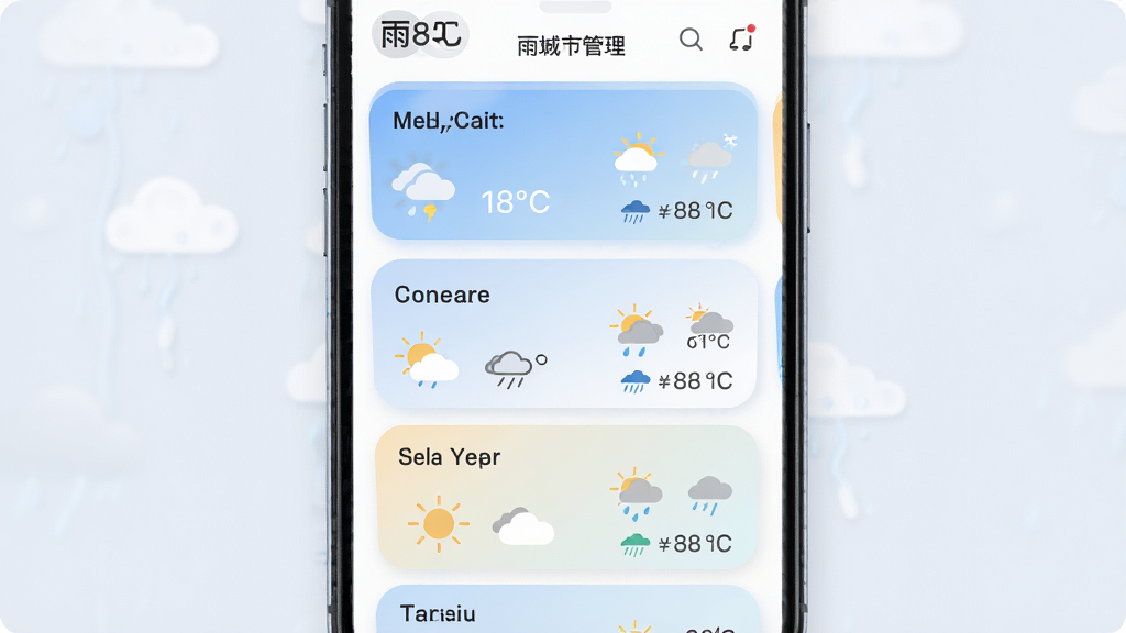 主体为雨知降水天气APP的多城市管理界面,布局为纵向列表展示多个城市天气卡片,风格为柔和圆角卡片风,细节包括每个城市的名称、温度、天气图标与降水概率,画质高清,干净,无多余元素