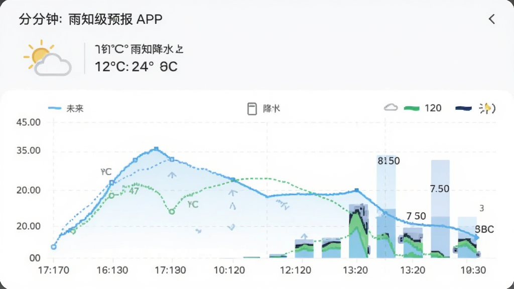 主体为雨知降水天气APP的分钟级预报页面,布局为顶部显示当前天气图标与温度,中部为折线图展示未来120分钟降水概率,风格为清新简约风,细节包括时间刻度与降水柱状图,画质清晰,干净,无多余元素