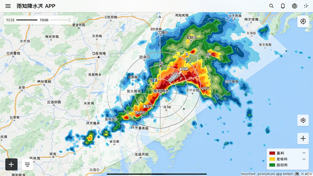 主体为雨知降水天气APP的雷达图界面截图,布局为全屏地图模式,地图上覆盖着彩色降水回波图,风格为写实科技风,细节包括地图上的城市名称、时间轴与图例,画质高清,干净,无多余元素