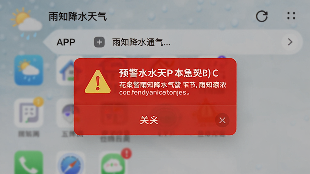 主体为雨知降水天气APP的预警通知弹窗,布局为屏幕中央弹出红色预警卡片,风格为警示醒目风,细节包括预警图标、文字说明与关闭按钮,画质清晰,干净,无多余元素