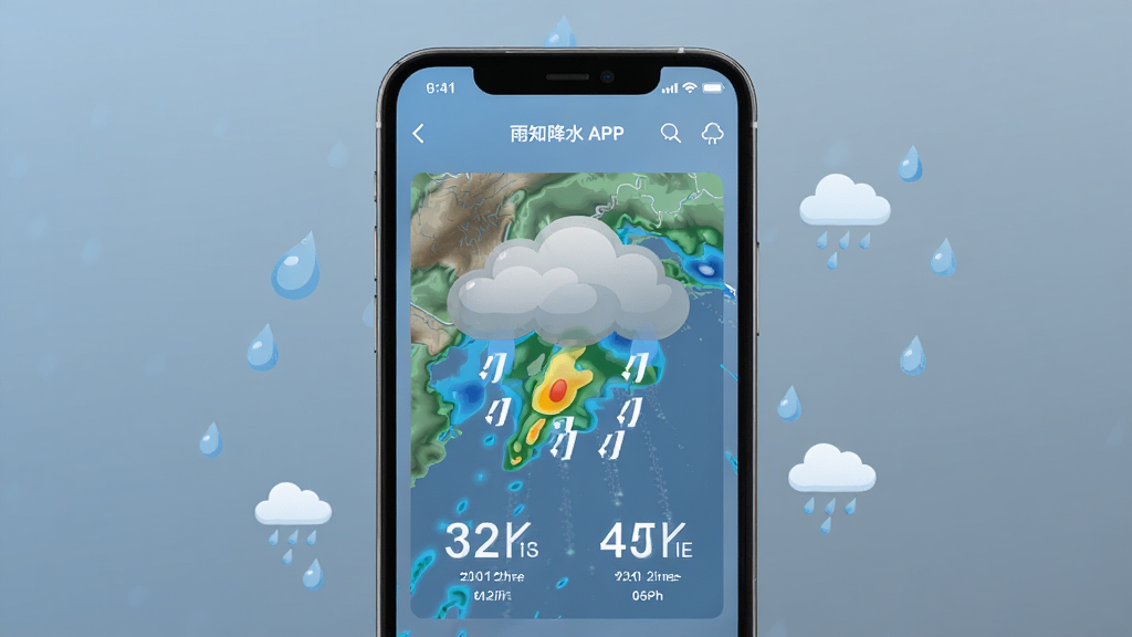 主体为一部智能手机,屏幕上显示雨知降水天气APP的界面,界面中央有醒目的降雨云图与降水数值,背景为柔和的蓝灰色渐变,布局简洁居中,风格为扁平化现代科技风,细节上手机周围环绕着微小的雨滴图标与云朵,画质清晰,干净,无多余元素