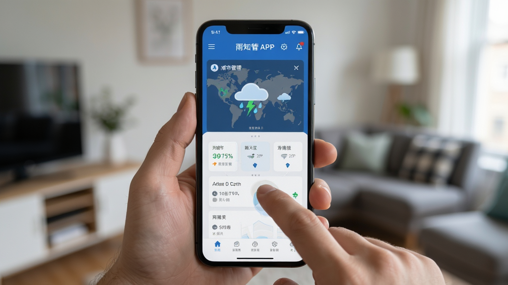 主体为一只手拿着手机,屏幕上显示雨知降水天气APP的城市管理界面,布局为手机特写居中,背景为模糊的室内环境,风格为生活写实风,细节包括手指点击屏幕添加城市的动作,画质清晰,干净,无多余元素