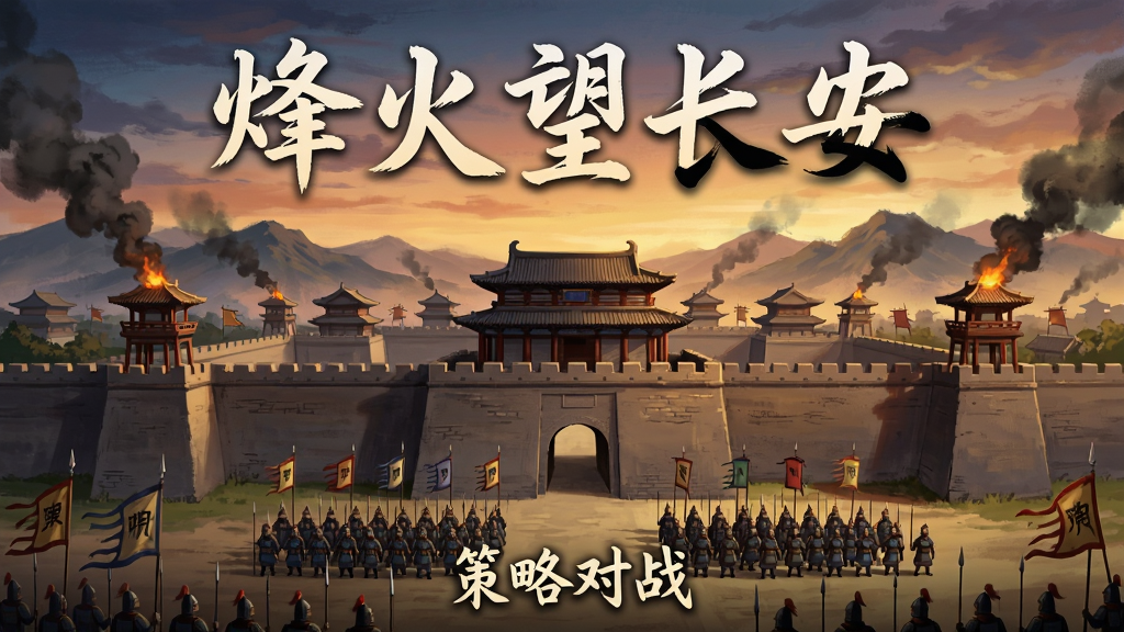 画面中央是一座雄伟的古代长安城,城墙高耸,烽火台冒着浓烟,城门外排列着整齐的士兵方阵,远处山峦起伏,天空呈现黄昏色调,画面上方用大字写着