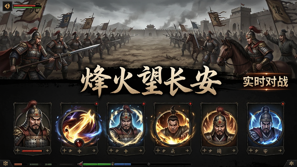 游戏战斗界面截图风格插画,画面分为上下两部分,上方是两军对垒的战场,下方是武将技能释放的特效展示,画面中央写着