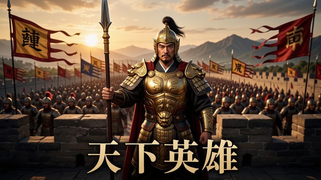 画面中央展示一位身穿金色铠甲的古代将军手持长枪立于城墙之上,身后是浩瀚的军队与飘扬的战旗,天空呈现夕阳余晖,远处群山连绵,画面下方用大字标注