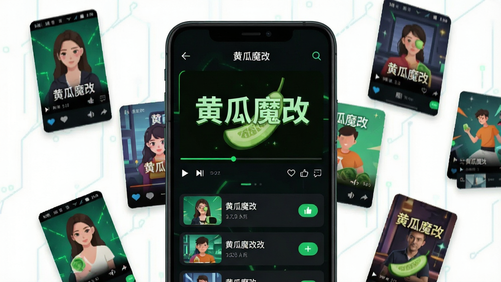 画面中央是一部竖屏安卓手机,手机屏幕内展示短剧播放界面,顶部有“黄瓜魔改”字样,界面采用深色背景配亮绿色点缀,手机周围漂浮着多个短剧封面缩略图,布局为居中构图,风格为现代科技感扁平插画,细节包括播放进度条、点赞图标、剧集列表按钮,画质清晰,干净,无多余元素