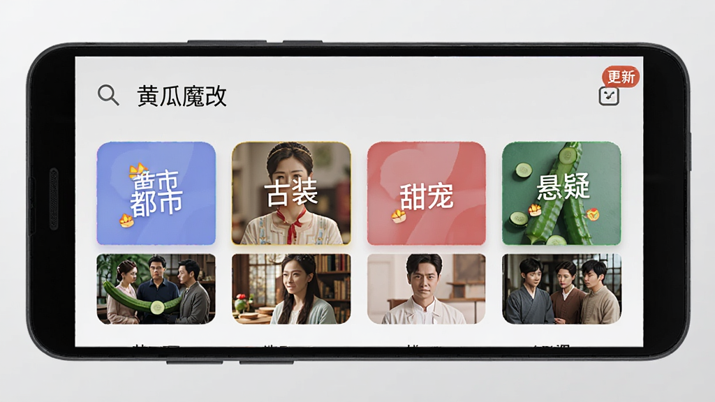 一部安卓手机横放在画面中央,屏幕显示“黄瓜魔改”短剧分类界面,界面中有都市、古装、甜宠、悬疑四个彩色标签方块,每个标签旁配有对应的迷你剧集封面,背景为浅灰色渐变,风格为清新扁平UI展示图,细节包括搜索放大镜图标和更新角标,画质清晰,干净,无多余元素