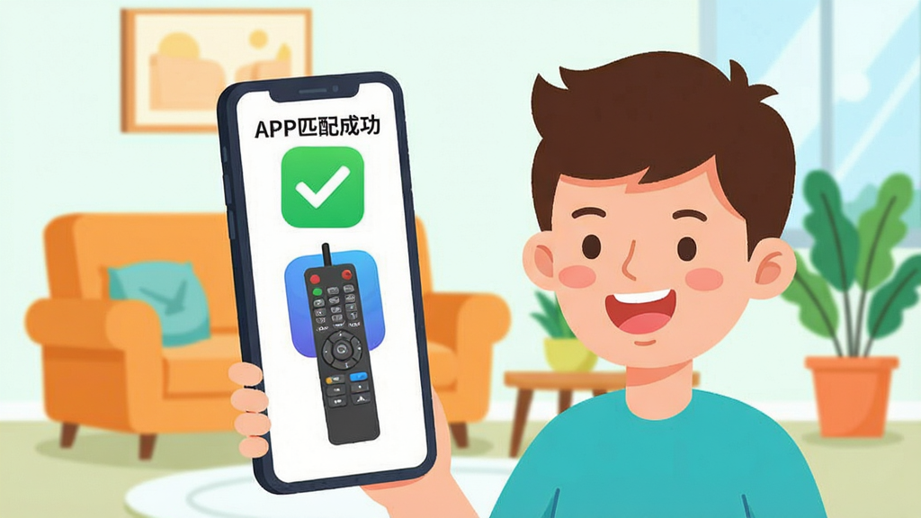 һ�ſ�ͨ���Ĳ�ͼ��չʾһ�������û�����ʹ������ͨ������ң����APP���ֻ���Ļ�Ϸ�������ƥ��ɹ�������ɫ�Թ����û�����¶�����ĵ�Ц�ݡ������м򵥵ļҾ�Ԫ�أ���ɳ������ֲ�����Ϊ��ƽ����ͨ��ɫ�ʻ��ã����ʸɾ����޶������֣�ͻ��������ͨ������ң��������ͼ�ꡣ