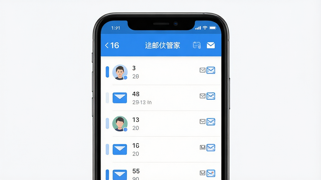 一张手机屏幕展示16电子邮箱管家应用主界面,画面中央是手机正视图,屏幕内显示邮箱列表和未读邮件图标,布局简洁清晰,排版为居中构图,风格为扁平化科技风,细节包括蓝色主色调、白色背景、邮件信封图标、账号头像,画质高清,干净,无多余元素