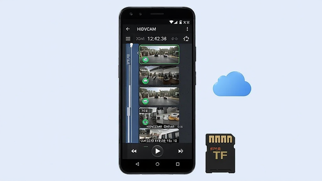 ������һ����׿�ֻ��������ã���Ļ��ʾHIDVCAM��¼��طŽ��棬��������ʱ����Ͷ��¼��Ƭ������ͼ���ֻ��Ա߷���һ��TF�洢����һ���ƶ�ͼ�꣬����Ϊ����ɫ�����Ϊ��Լ��Ʒչʾ�磬ϸ�ڰ����ֻ������еĲ��Ű�ť�����ڱ�ǩ���洢������ʾ�����������ɾ��޶���Ԫ��