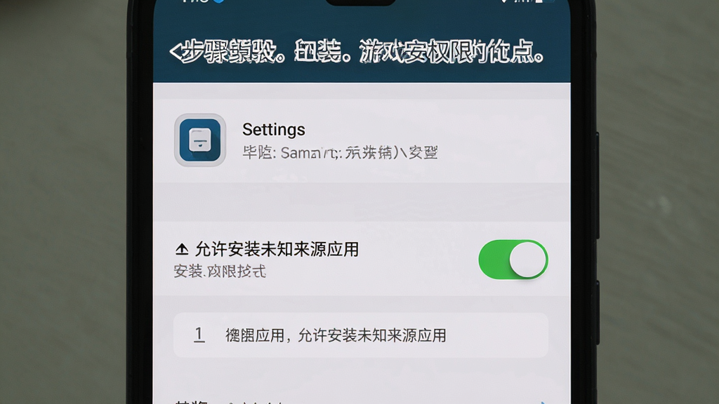展示手机屏幕显示游戏安装权限设置界面,画面主体为手机设置页面中「允许安装未知来源应用」的开关按钮,布局采用手机竖屏界面居中展示,排版上方标注步骤提示文字,风格为扁平化UI设计风格,细节包括开关按钮高亮、设置图标、提示文字框,画质高清干净无多余元素