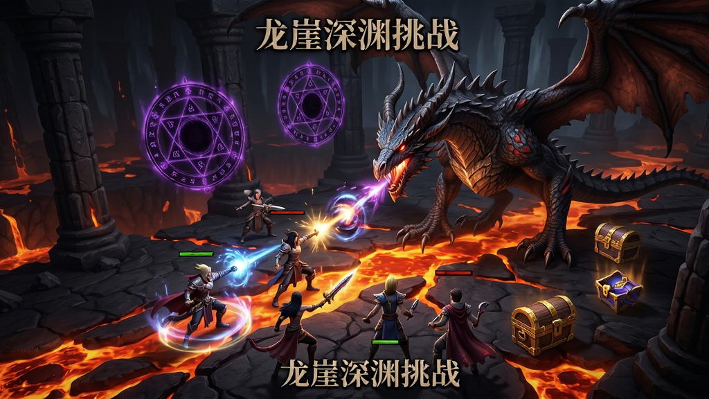 画面展示龙崖游戏的深渊战斗场景,队伍正在与一只巨大的深渊魔龙交战,地面有熔岩裂缝,空中漂浮着暗紫色魔法阵,布局为斜45度视角,风格为暗黑奇幻,细节包括英雄释放技能的光效、魔龙身上的鳞片纹理、掉落的装备宝箱、背景中的深渊石柱,画质高清,干净,无多余元素,画面中打上文字“龙崖深渊挑战”