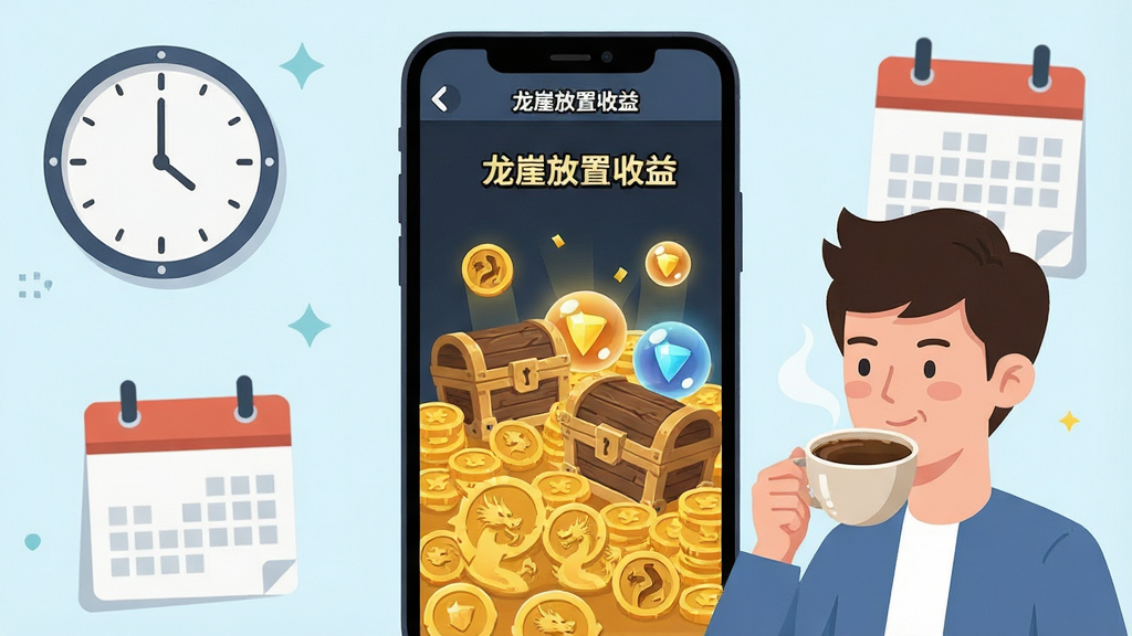 画面展示一个手机屏幕,屏幕内是龙崖游戏的放置收益结算界面,界面中堆满金币、装备箱与经验光球,屏幕外有一个正在喝咖啡的年轻人,布局为手机居中,周围环绕着时钟与日历元素,风格为扁平化插画,细节包括金币上的龙纹、装备箱的木质纹理、咖啡杯冒出的热气,画质清晰,干净,无多余元素,画面中打上文字“龙崖放置收益”