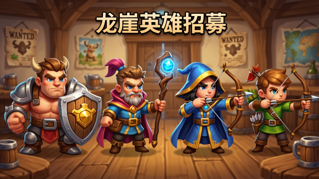 画面展示龙崖游戏中的英雄招募大厅,多位不同职业的Q版英雄站成一排,有手持盾牌的坦克、挥舞法杖的法师、拉弓的射手,背景是酒馆风格的木屋,布局为横向排列,风格为卡通奇幻,细节包括英雄身上的装备光泽、酒馆桌上的酒杯与地图、墙上的通缉令,画质高清,干净,无多余元素,画面中打上文字“龙崖英雄招募”