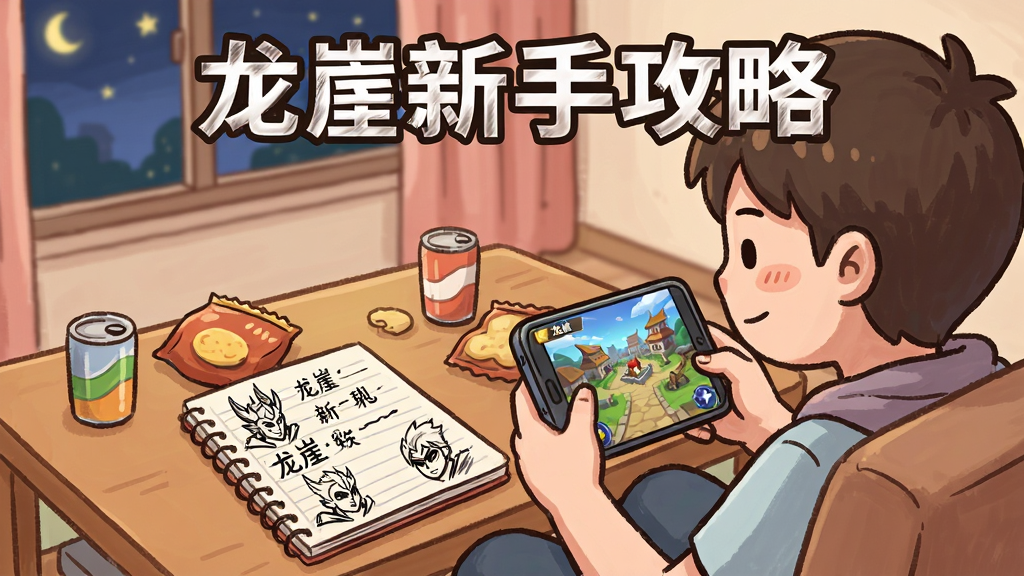 画面展示一位新手玩家坐在沙发上使用手机玩龙崖游戏,手机屏幕显示游戏主界面,旁边有笔记本记录着攻略要点,茶几上放着饮料与零食,布局为生活化场景,风格为温馨卡通,细节包括手机屏幕上的龙崖城镇、笔记本上的英雄头像涂鸦、窗外的夜景,画质清晰,干净,无多余元素,画面中打上文字“龙崖新手攻略”