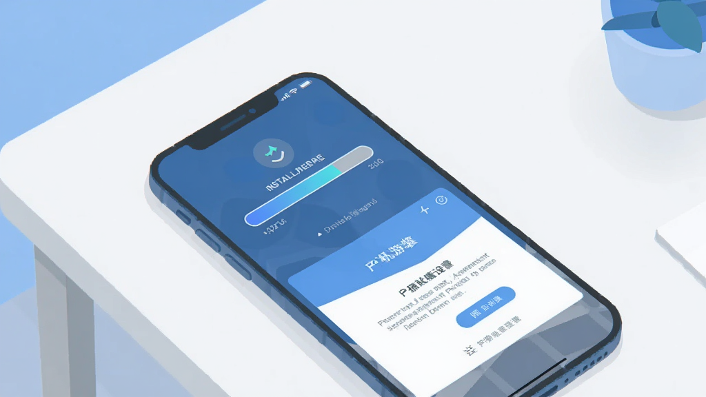 手机游戏安装教程示意图,画面展示一部智能手机屏幕,屏幕上有安装进度条和权限设置界面,背景为简洁的浅色桌面,风格为扁平化科技插画,色调以蓝白灰为主,画面干净整洁,高清画质,画面中带少量界面元素,不出现任何文字。