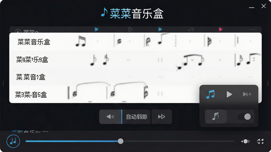 菜菜音乐盒软件主界面截图,画面中央展示一个简洁的深色主题音乐播放器界面,顶部有